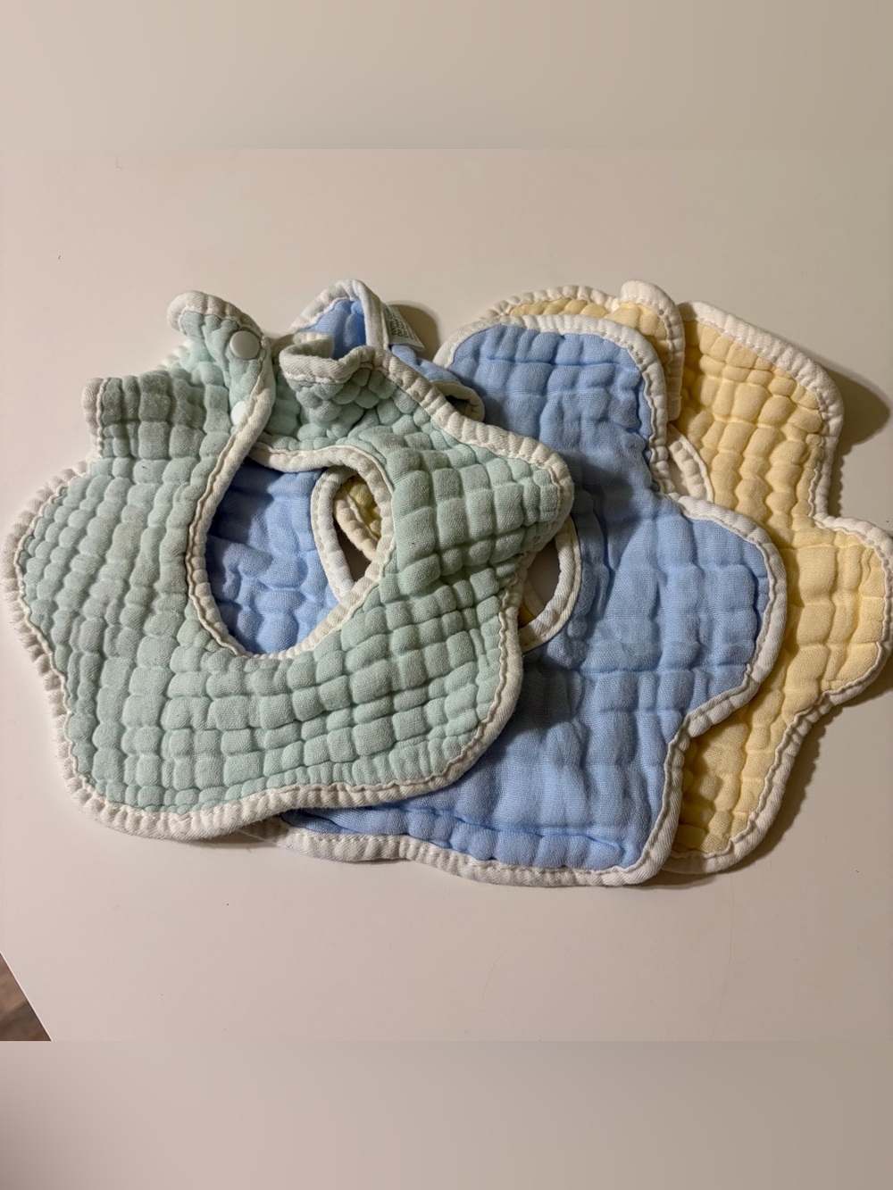 Soft Quilted Baby Bibs - Pastel Green, Blue & Yellow set of 3